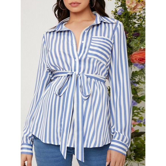 Maternity Striped Patched Pocket Belted Blouse - Picture 7 of 7